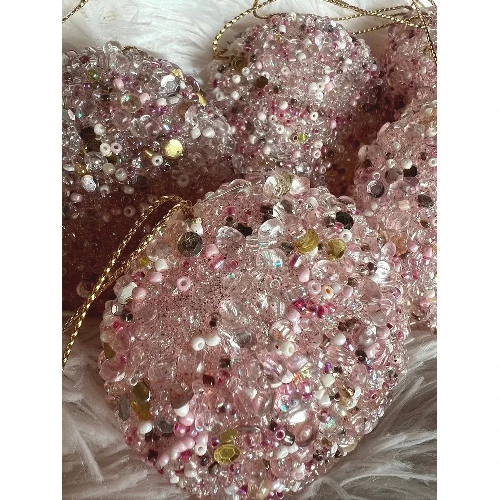 Pink Sparkly Beaded Christmas Tree Ornaments Set of 5 Gold Shimmering Baubles